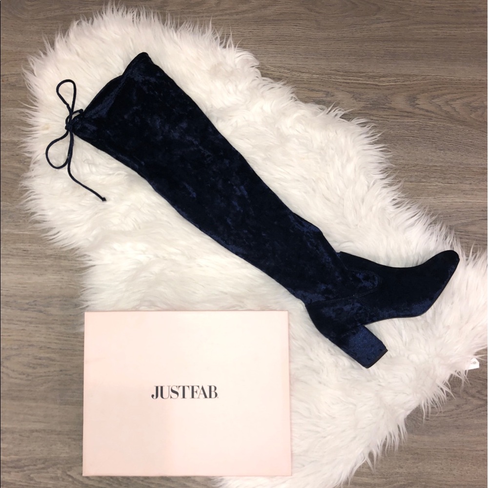 Navy Blue Crushed Velvet Over the Knee Boot